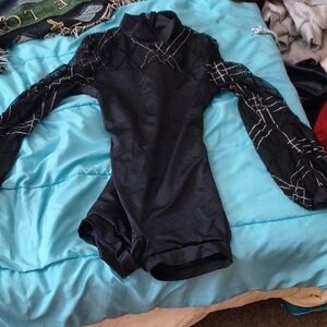 Black Long-Sleeve Kids Costume Leotard with Silver Web Detailing